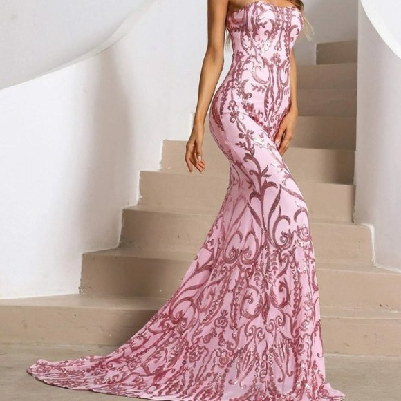 Formal Sequin detail Maxi Dress with train Pink - Picture 11 of 15